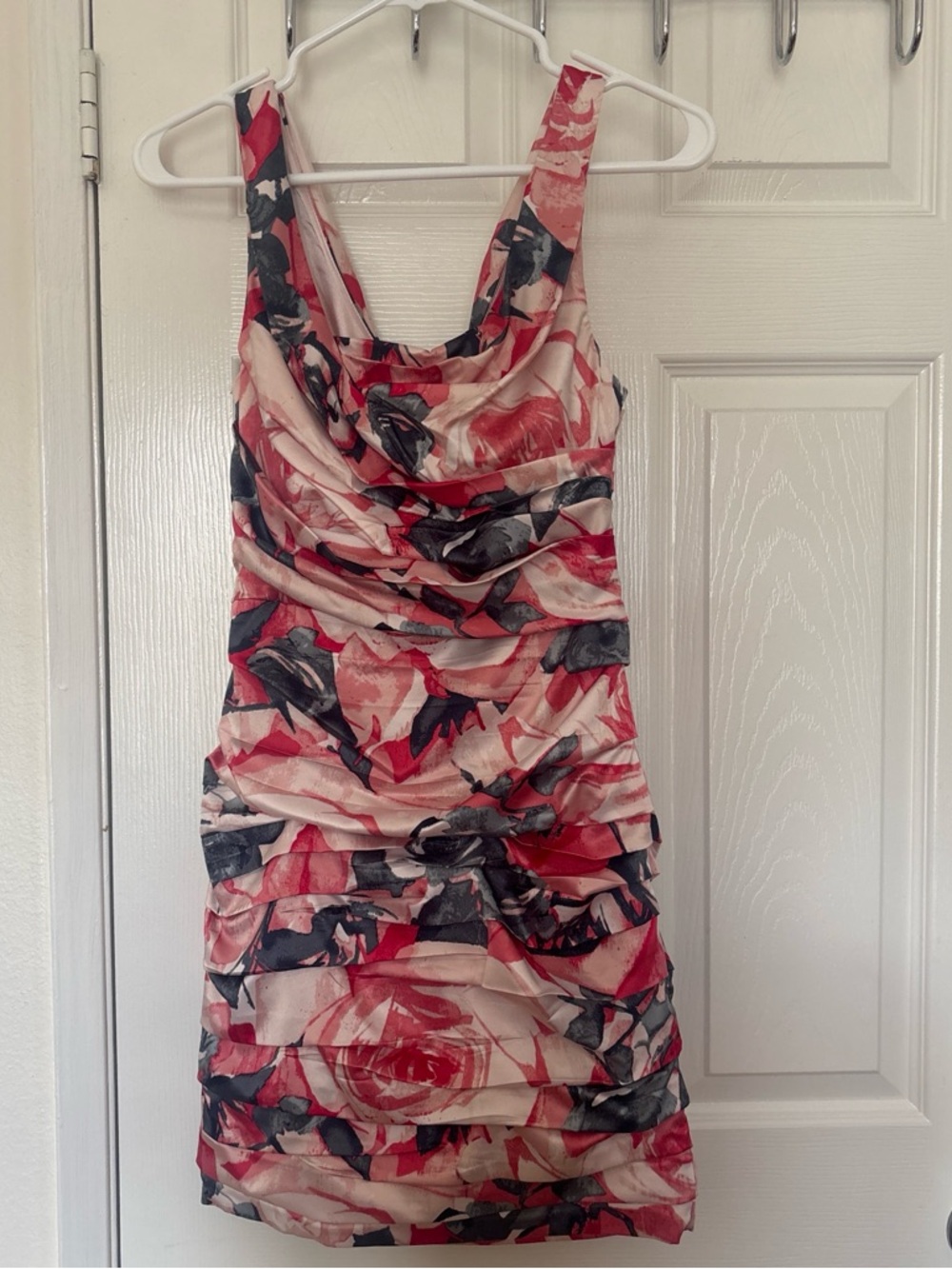Express Pink and Black Floral Ruched Mini Dress